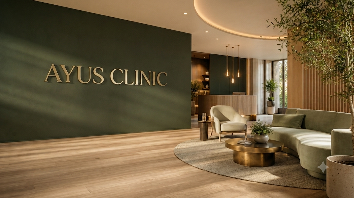 The Ayus Clinic reception, with the Ayus Clinic wordmark on the wall above soft seating and warm wood tones.
